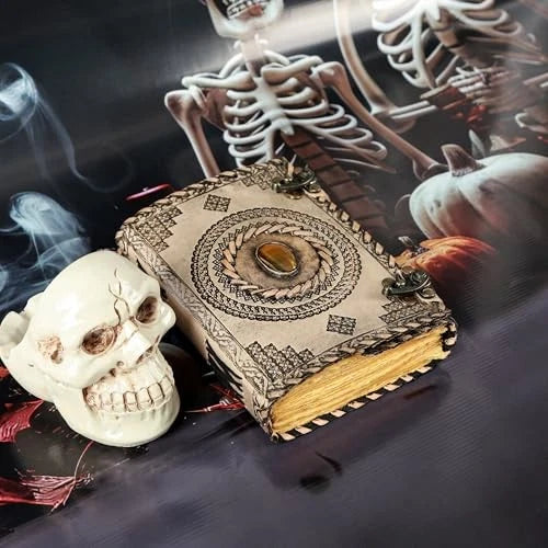 Leather Journal Notebooks Blank Spell Vintage Book Handmade Charcoal Bound, Stone Embossed journal with Lock Clasp Gifts for Men & Women