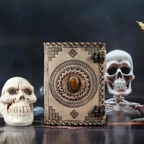 Leather Journal Notebooks Blank Spell Vintage Book Handmade Charcoal Bound, Stone Embossed journal with Lock Clasp Gifts for Men & Women