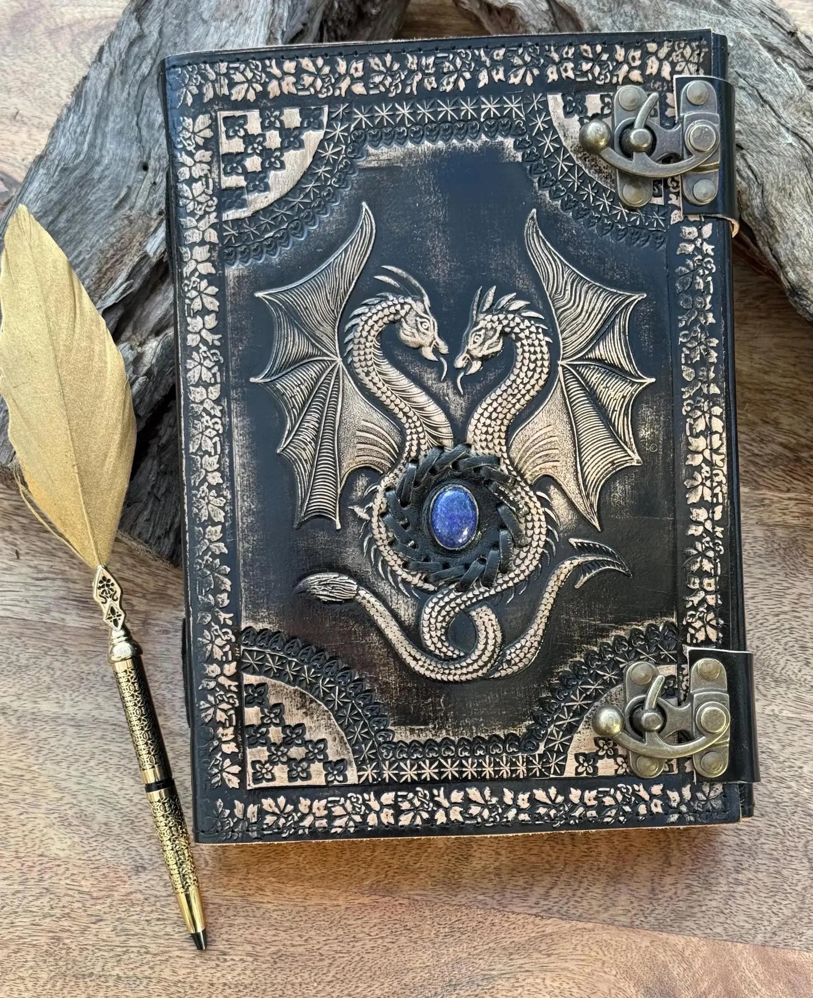 Leather Journal Notebooks Blank Spell Book of Shadows Handmade Drogon journal with Lock Clasp Gifts for Men & Women