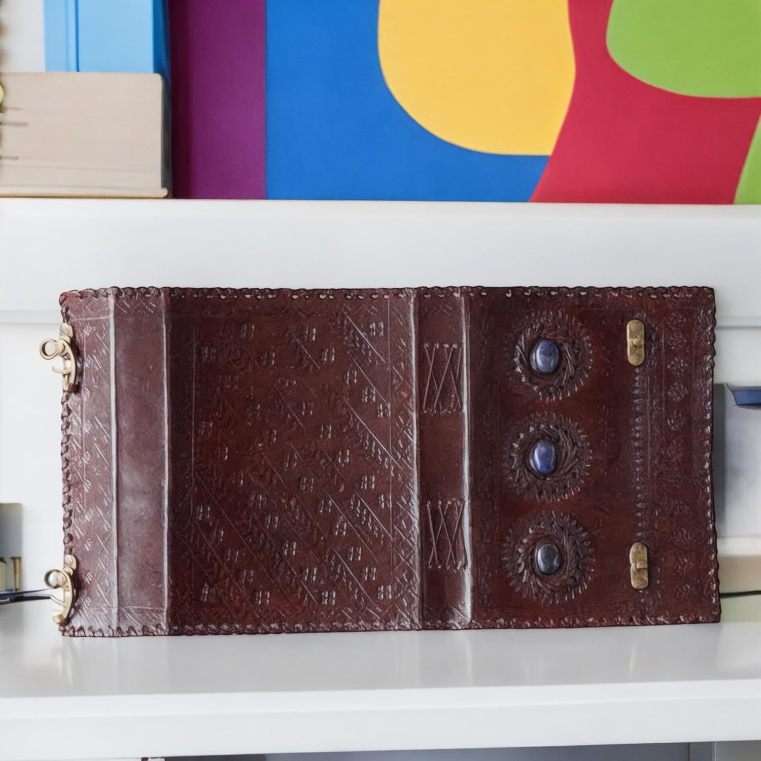 Leather Journal Notebooks Blank Spell Vintage Book Handmade Three Blue Medieval Stone Embossed journal with Lock Clasp Gifts for Men & Women