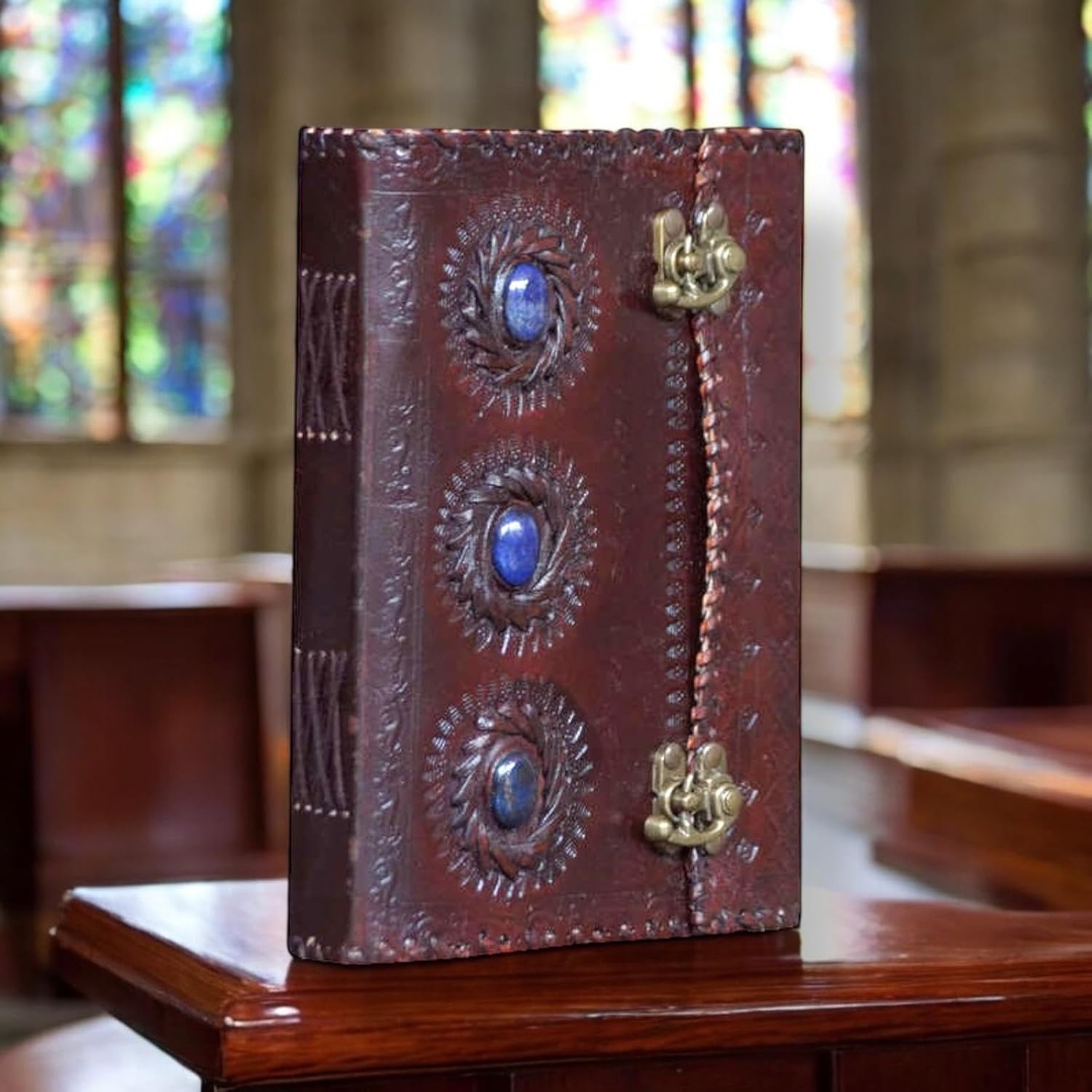 Leather Journal Notebooks Blank Spell Vintage Book Handmade Three Blue Medieval Stone Embossed journal with Lock Clasp Gifts for Men & Women