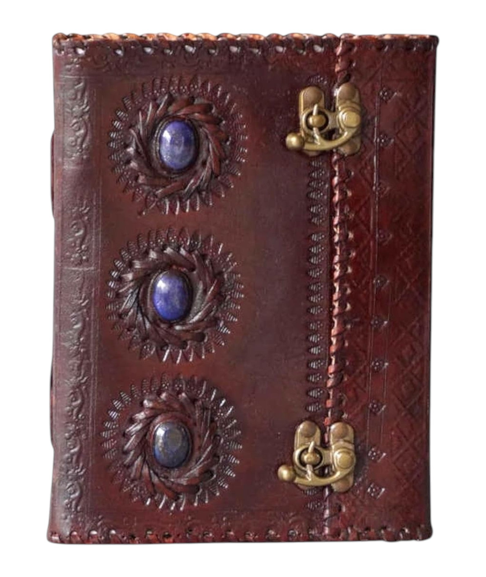 Leather Journal Notebooks Blank Spell Vintage Book Handmade Three Blue Medieval Stone Embossed journal with Lock Clasp Gifts for Men & Women