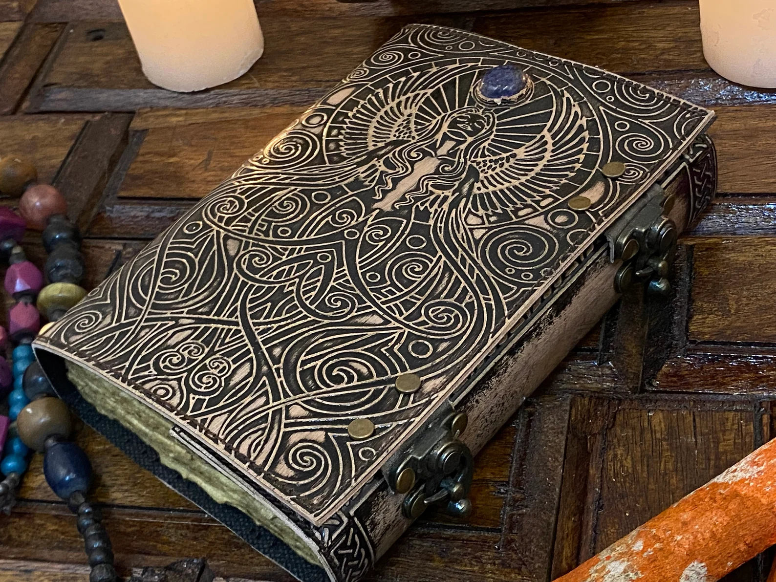 Leather Journal Notebooks Blank Spell Book of Shadows Handmade Embossed Mother of Earth Antique Witchcraft  journal with Lock Clasp Gifts for Men & Women