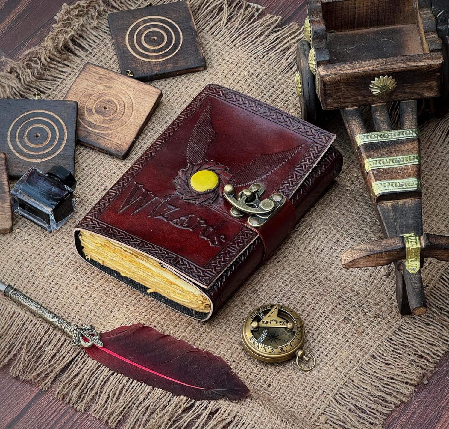 Leather Journal Notebooks Blank Spell Book of Shadows Handmade Wizards Yellow Semi-Precious Stone and Flying Key Embedded Backside - Vintage Leather journal with Lock Clasp Gifts for Men & Women