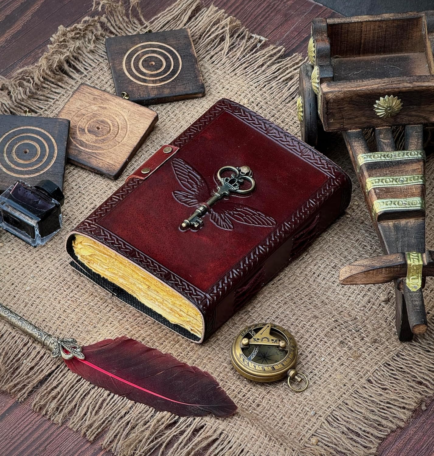 Leather Journal Notebooks Blank Spell Book of Shadows Handmade Wizards Yellow Semi-Precious Stone and Flying Key Embedded Backside - Vintage Leather journal with Lock Clasp Gifts for Men & Women