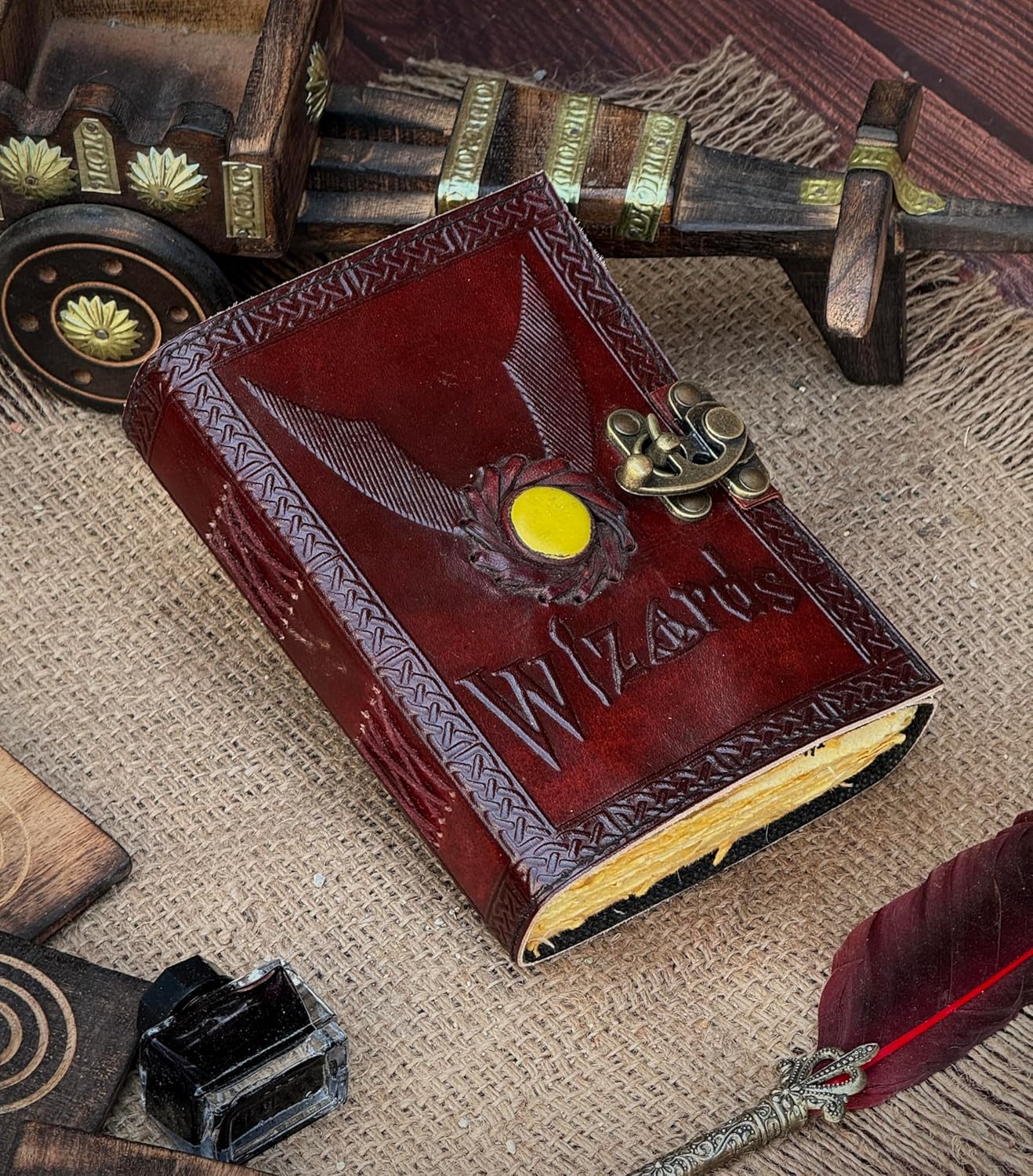 Leather Journal Notebooks Blank Spell Book of Shadows Handmade Wizards Yellow Semi-Precious Stone and Flying Key Embedded Backside - Vintage Leather journal with Lock Clasp Gifts for Men & Women