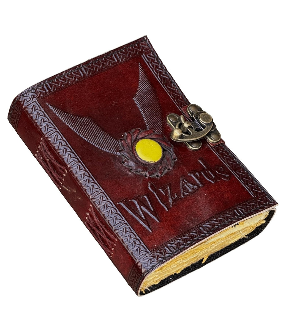 Leather Journal Notebooks Blank Spell Book of Shadows Handmade Wizards Yellow Semi-Precious Stone and Flying Key Embedded Backside - Vintage Leather journal with Lock Clasp Gifts for Men & Women