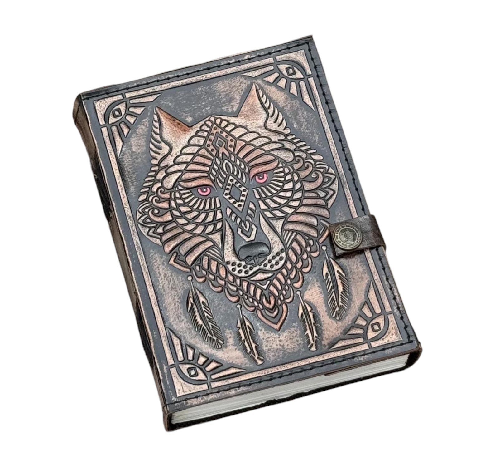 Leather Journal Notebooks Blank Spell Book of Shadows Handmade Hand-Painted Wolf Leather journal with Lock Clasp Gifts for Men & Women