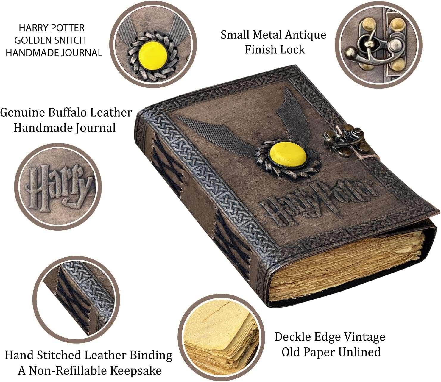 Leather Journal Notebooks Blank Spell Book of Shadows Handmade  Harry Potter Yellow Semi-Precious Stone Embedded journal with Lock Clasp Gift for Men & Women