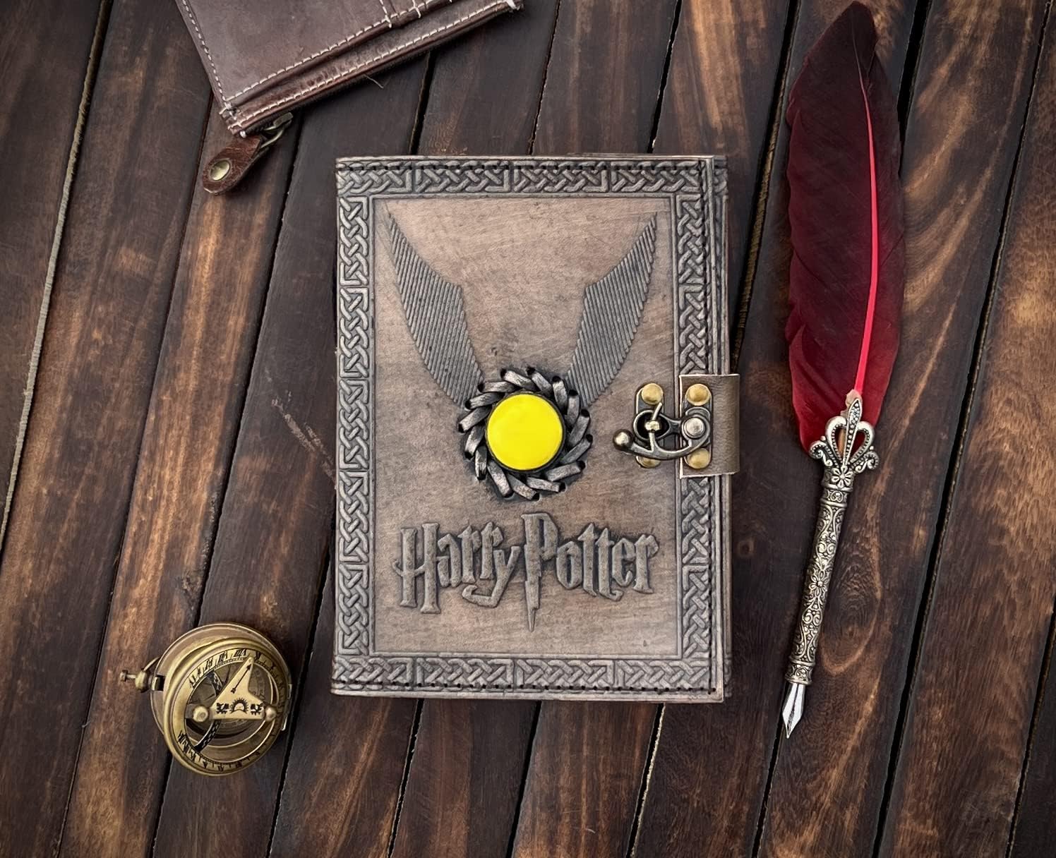 Leather Journal Notebooks Blank Spell Book of Shadows Handmade  Harry Potter Yellow Semi-Precious Stone Embedded journal with Lock Clasp Gift for Men & Women