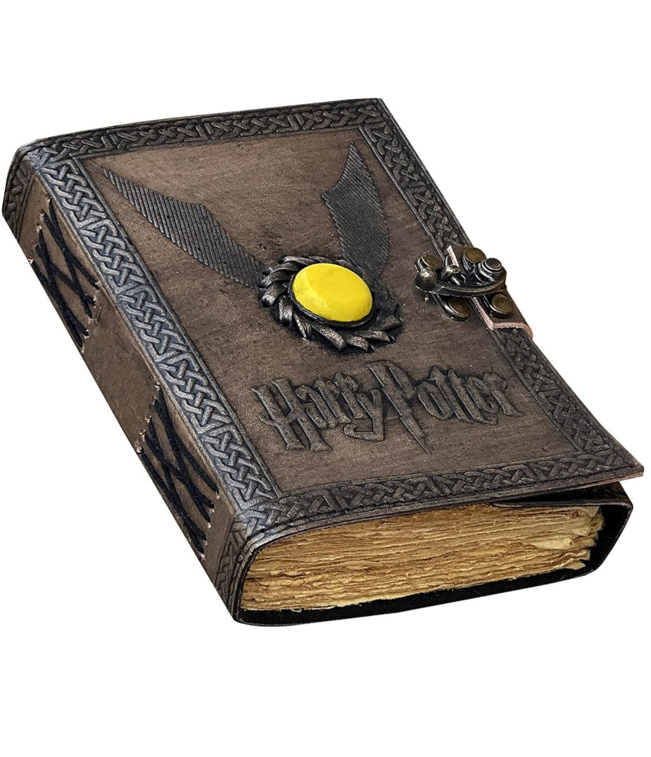 Leather Journal Notebooks Blank Spell Book of Shadows Handmade  Harry Potter Yellow Semi-Precious Stone Embedded journal with Lock Clasp Gift for Men & Women