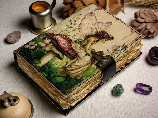 Leather Journal Notebooks Blank Spell Book of Shadows Handmade  Fairy Journal with Lock Clasp Gifts for Men & Women