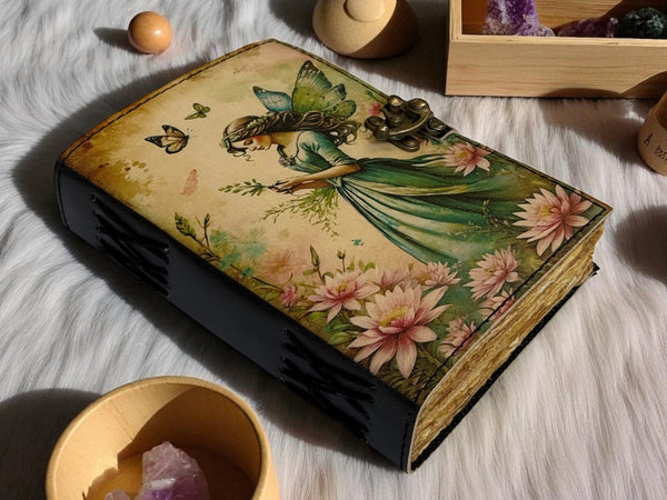 Leather Journal Notebooks Blank Spell Book of Shadows Handmade  Fairy Journal with Lock Clasp Gifts for Men & Women