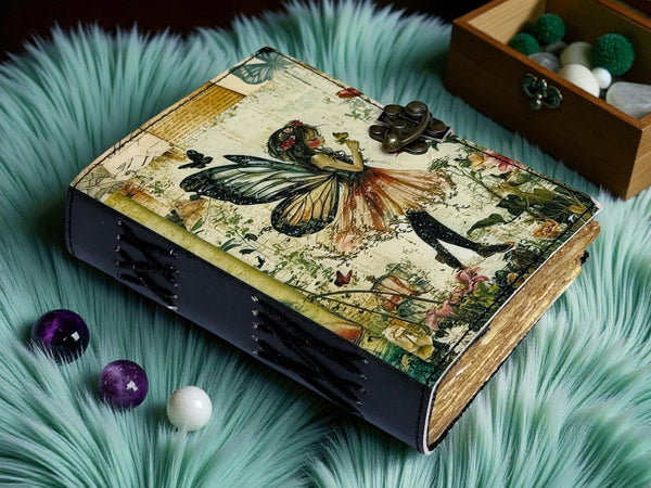 Leather Journal Notebooks Blank Spell Book of Shadows Handmade Fairy Journal with Lock Clasp Gifts for Men & Women